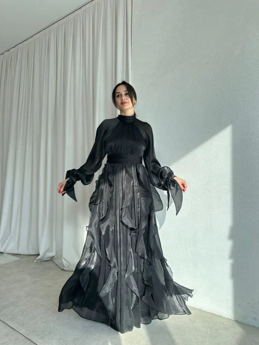 High Neck Ruffle Satin Chiffon Maxi Length Black Dress