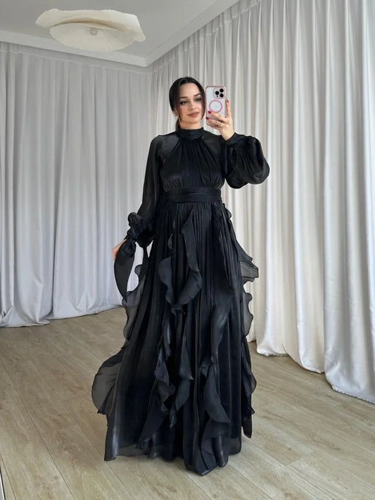 High Neck Ruffle Satin Chiffon Maxi Length Black Dress