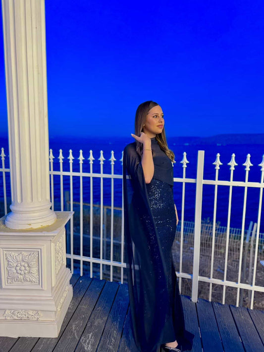 Navy Blue Sequin Strapless Dress