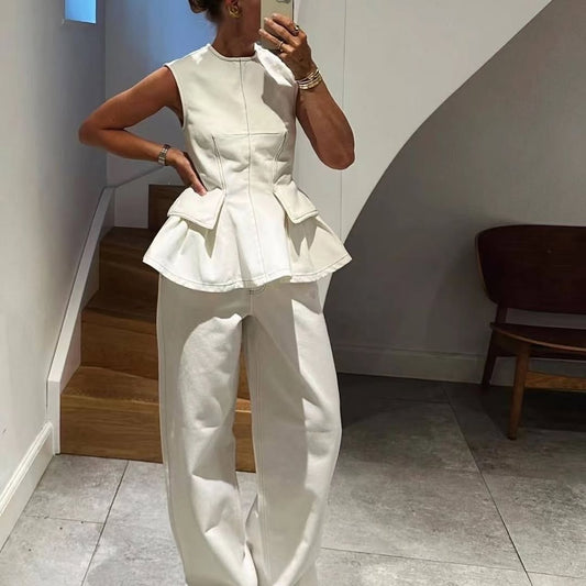 DOAENEL LIGHT BEIGE DENIM ZERO SLEEVE BLOUSE SET ARVERNA