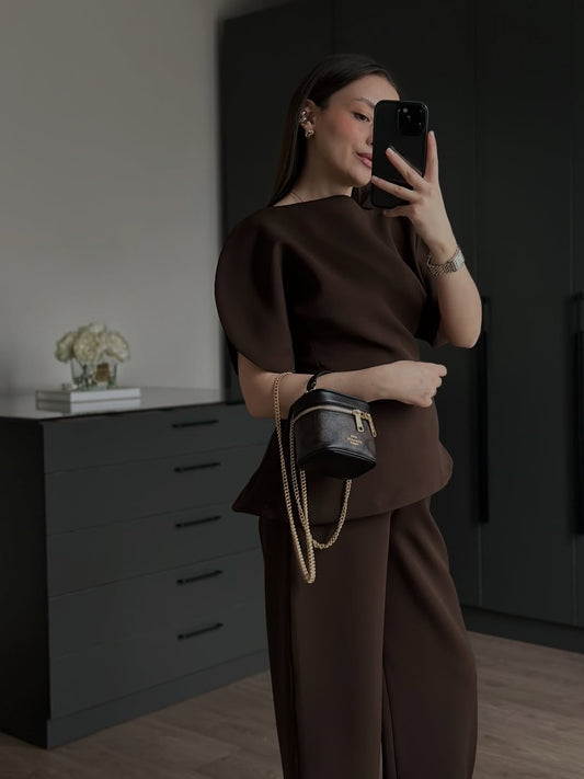 Brown Asymmetrical Waist-Fitted Set