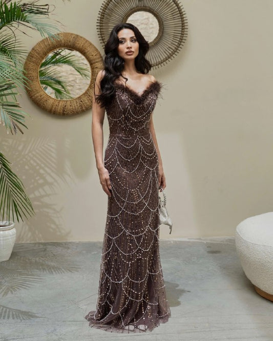 Nisan Brown Stone Embellished Feather Evening Dress