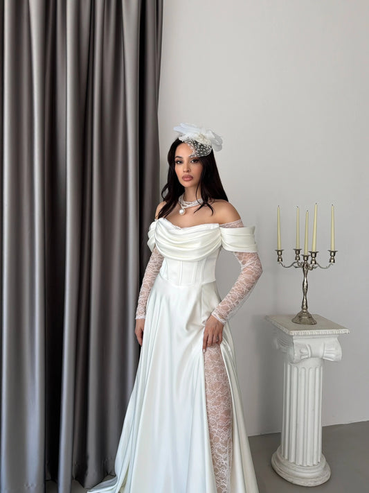 Royal White Evening with Lace Details Dress