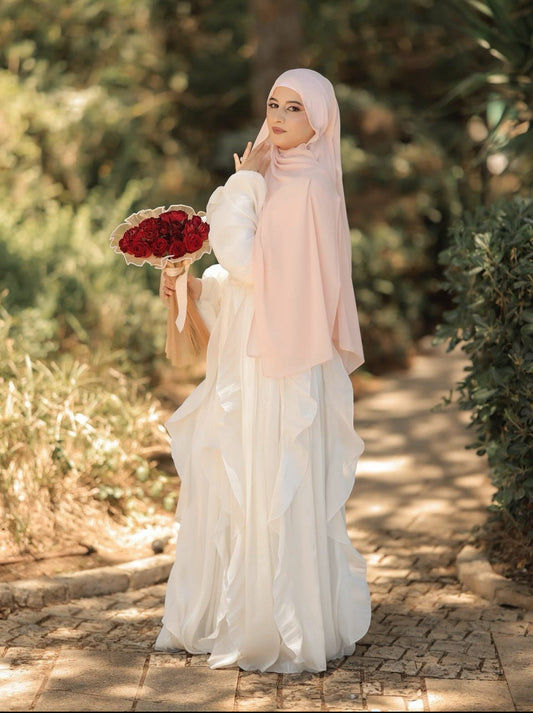High Neck Ruffle Satin Chiffon Maxi Length White Dress