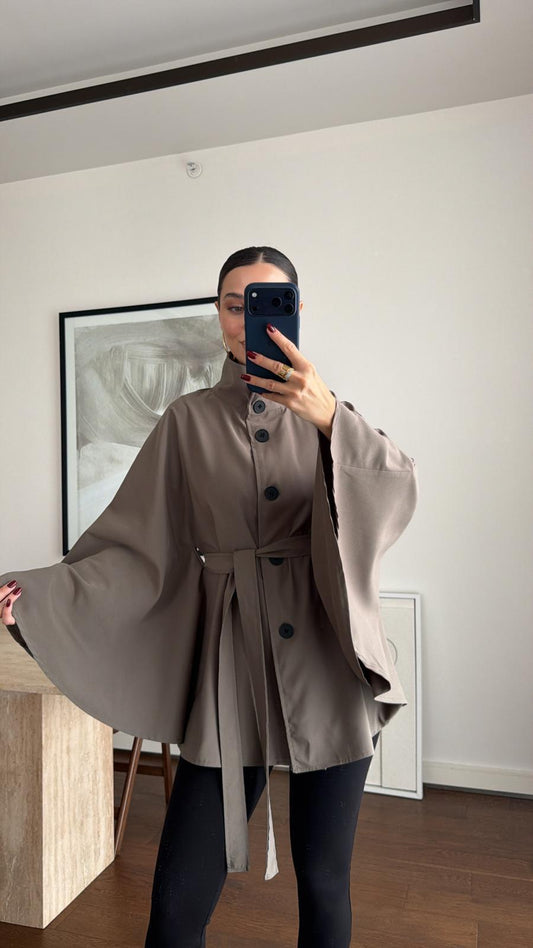 Elara Sand Belted Cape Jacket