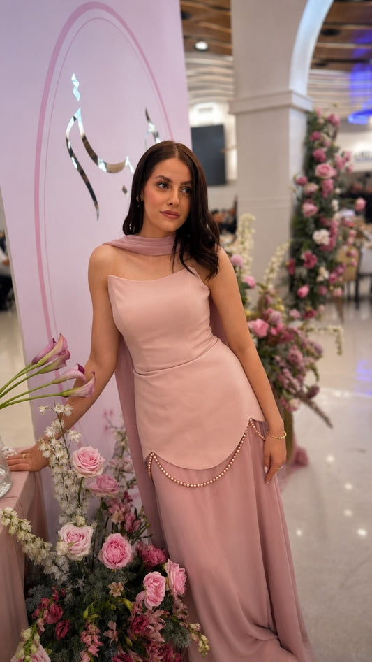 Bridgerton Shawl Pearl Embellished Pink Evening Dress