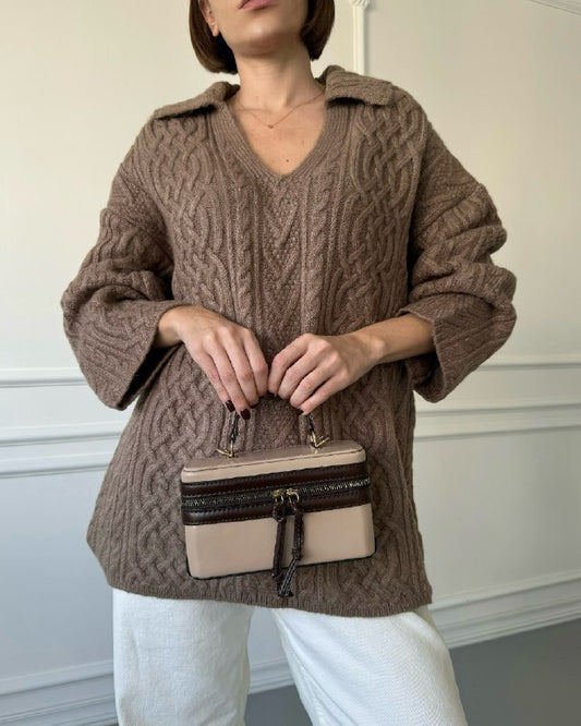 V Neck Brown  Hair Knit Oversize Sweater