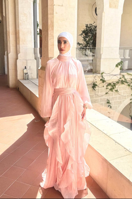High Neck Ruffle Satin Chiffon Maxi Length Pink Dress