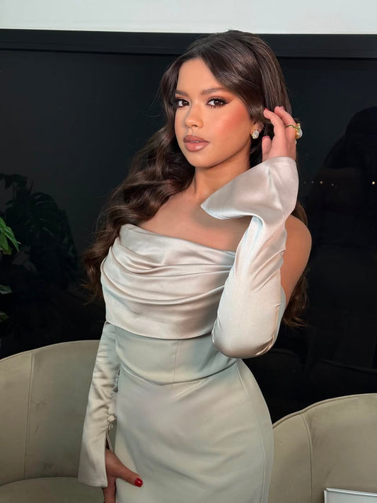 Alya Satin Stone Sleeve Evening Dress