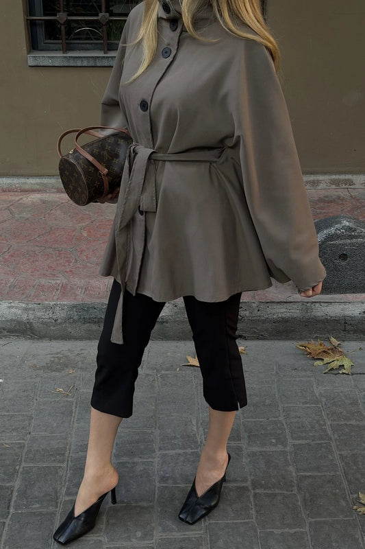Elara Sand Belted Cape Jacket