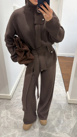 STAND-UP COLLAR BELTED KNITWEAR SET