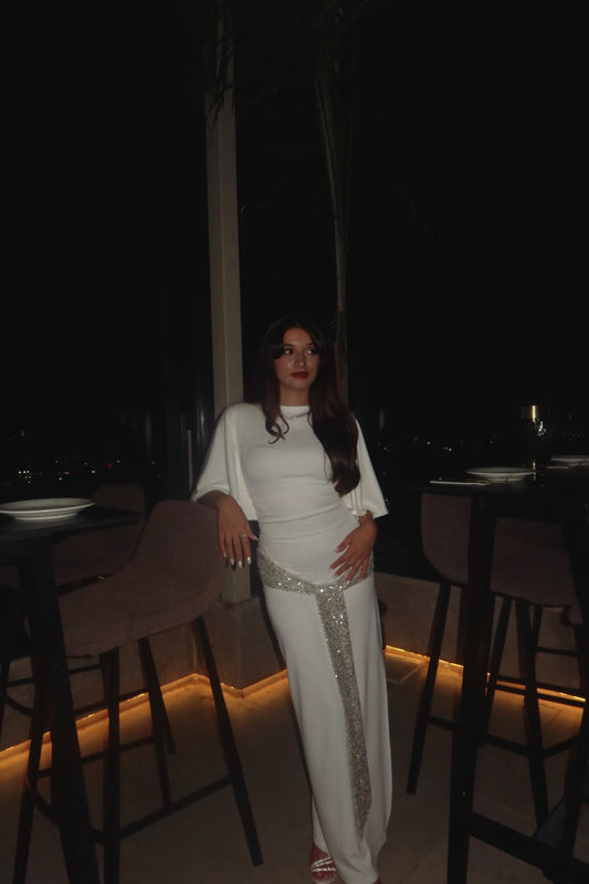 White Sequin Belted Backless Dress