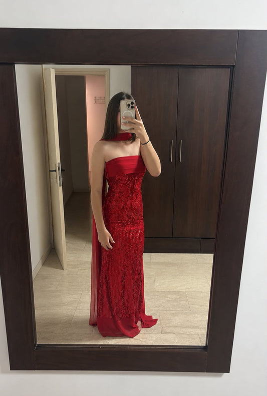Red Sequin Strapless Dress