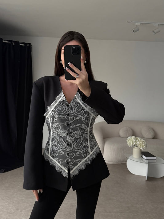 Lace Detail and V-Neck Design Blazer