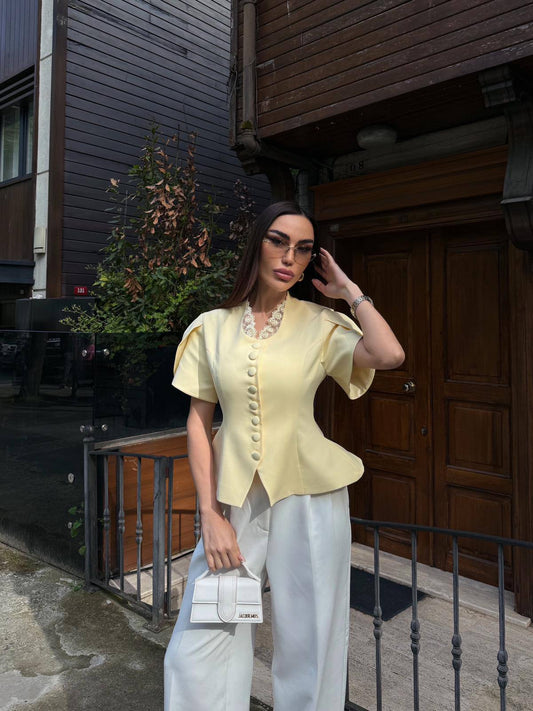 Yellow Lace Collar Blazer Top