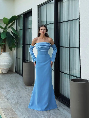 Alya Satin Baby Blue Sleeve Evening Dress
