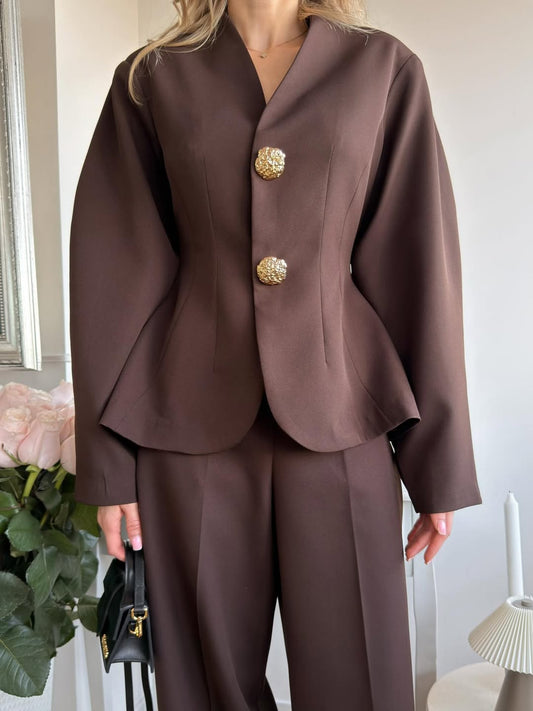 Brown Balloon Sleeve Gold Buttoned Suit