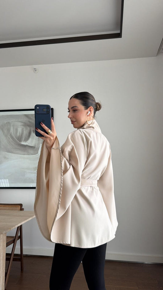 Elara Taupe Belted Cape Jacket
