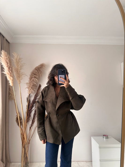 Khaki Elastic Waist Suede Jacket