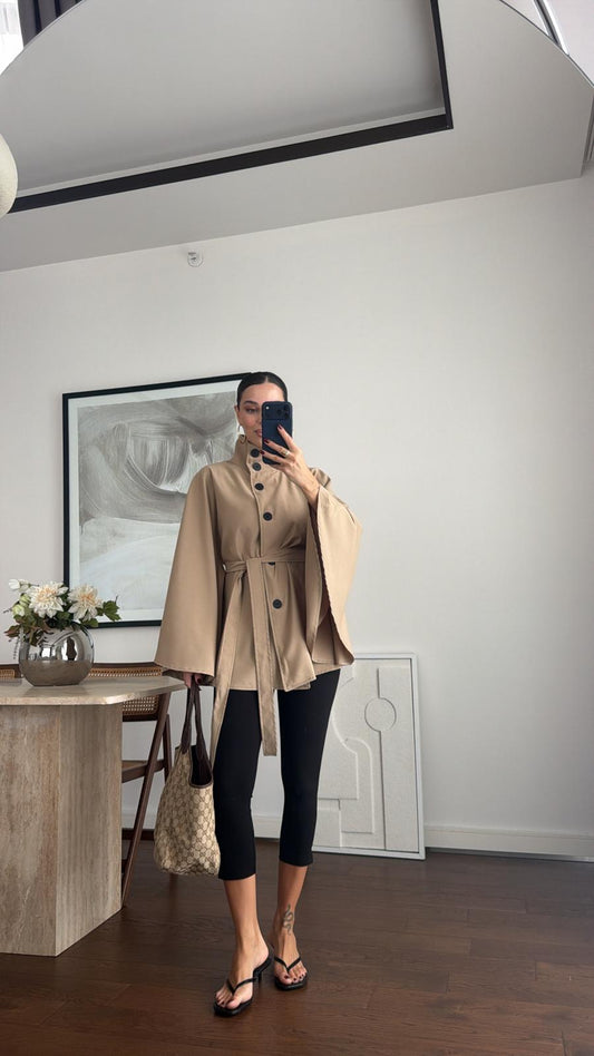 Elara Stone Grey Belted Cape Jacket