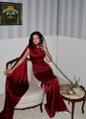 Burgundy One-Shoulder Shawl Detailed Asymmetrical Satin Evening Dress