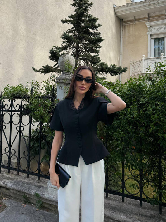 Black Lace Collar Blazer Top