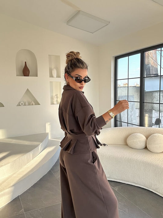 WIDE LEG WITH BELT DETAIL BROWN SET