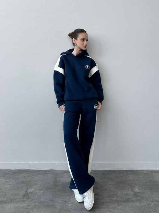 Custom Print Detail Striped Navy Blue Tracksuit