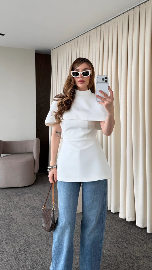 White Blouse With Cape Detail On The Collar