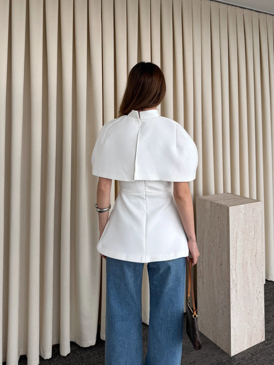 White Blouse With Cape Detail On The Collar