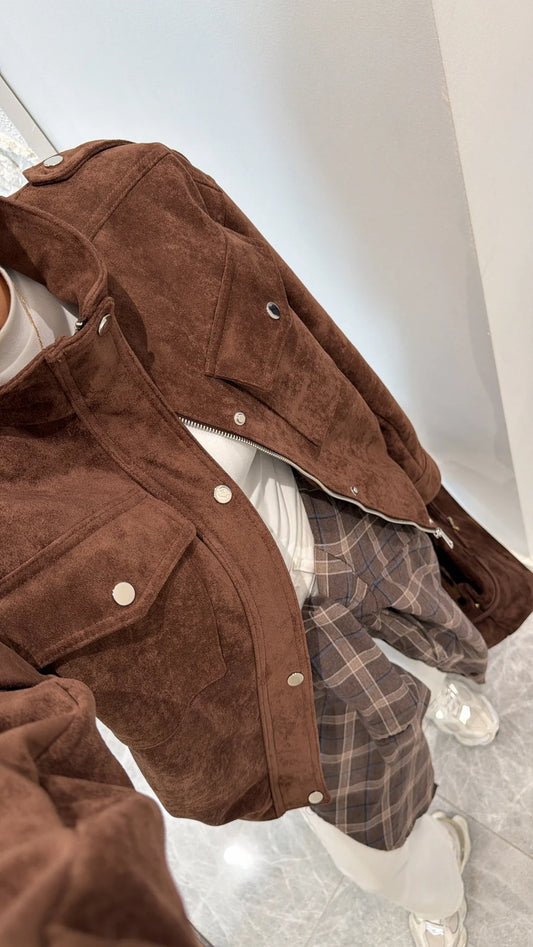 BROWN SUEDE EPALLET BOMBER JACKET
