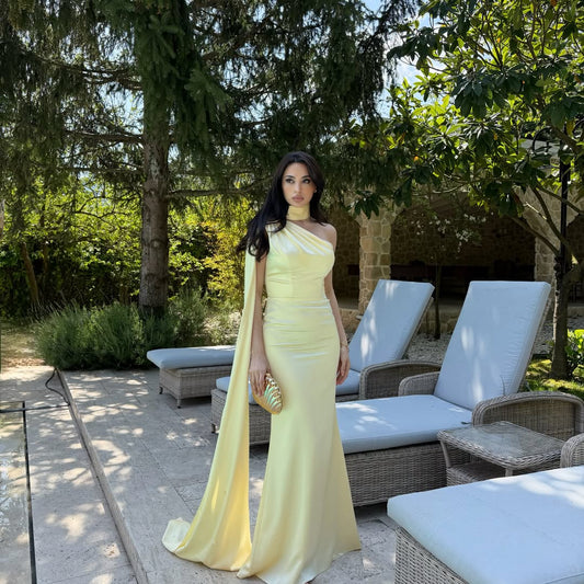 Yellow One-Shoulder Shawl Detailed Asymmetrical Satin Evening Dress