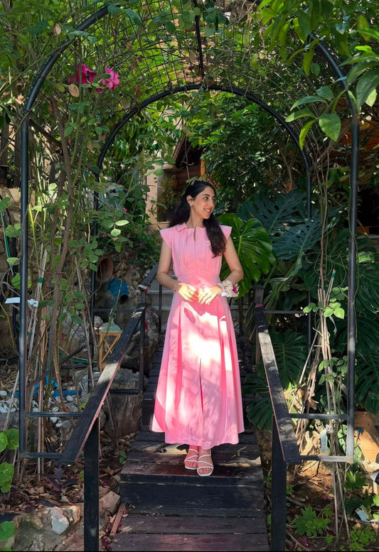 Pink Polo Collar Front Zip Pleated Dress