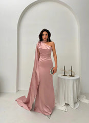 Powder One-Shoulder Shawl Detailed Asymmetrical Satin Evening Dress