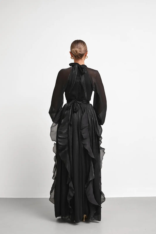 High Neck Ruffle Satin Chiffon Maxi Length Black Dress