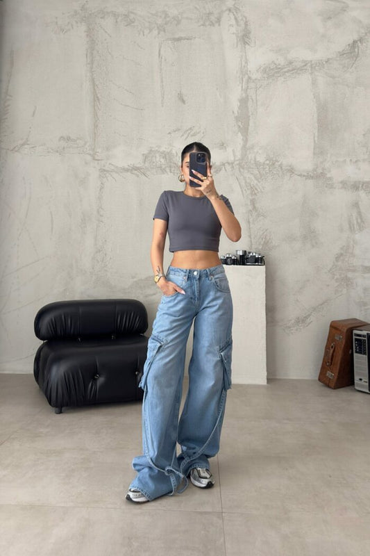 Light Blue Super Wide Leg Jean with Oversize Pocket