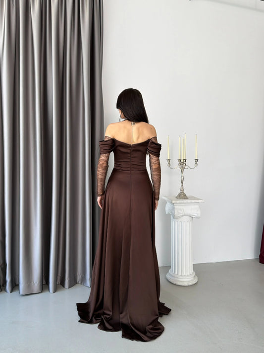 Royal Brown Evening with Lace Details Dress