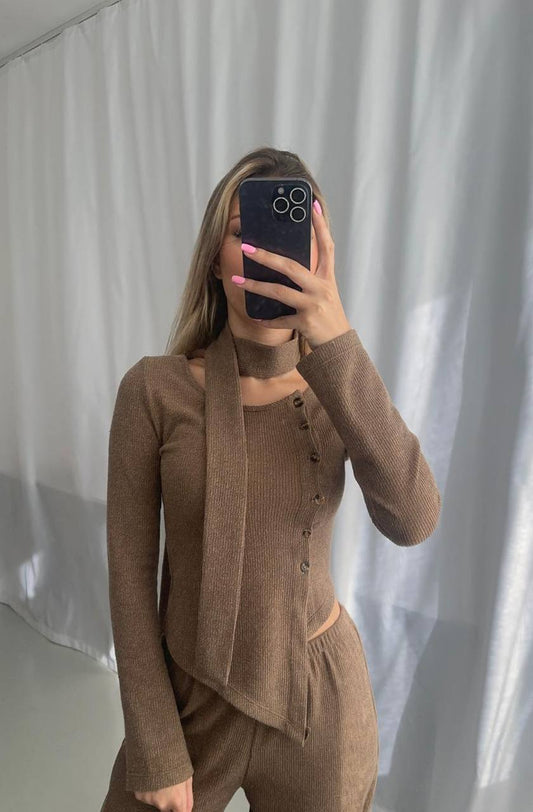 Beige Shawl Detailed Knitwear Soft  Set