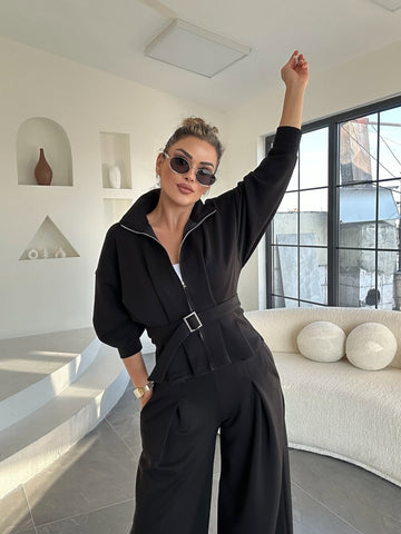 WIDE LEG WITH BELT DETAIL BLACK SET