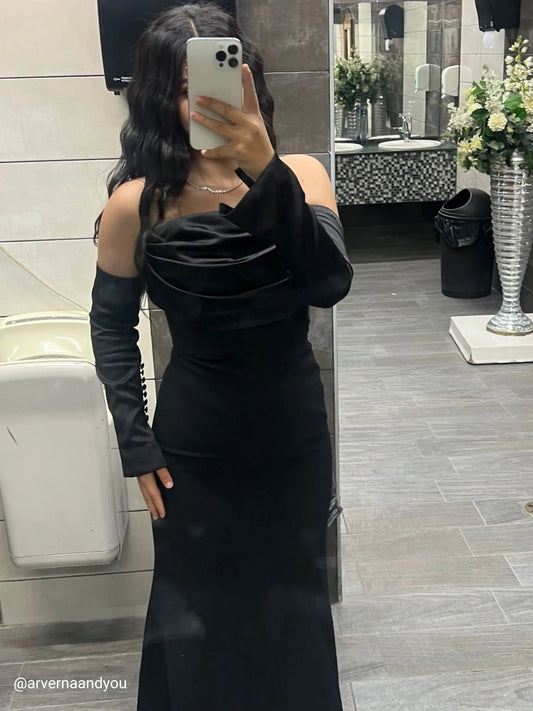 Alya Satin Black Sleeve Evening Dress