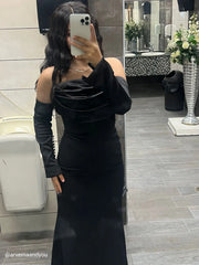 Alya Satin Black Sleeve Evening Dress