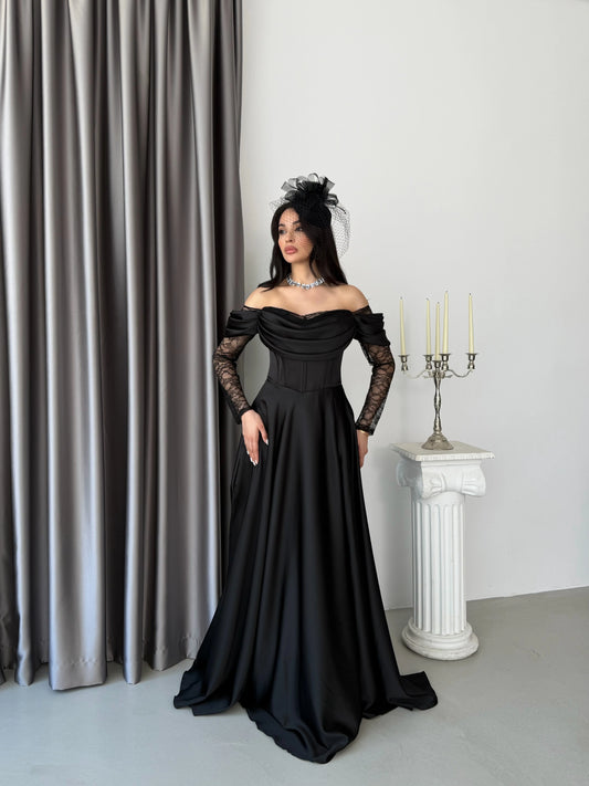 Royal Black Evening with Lace Details Dress