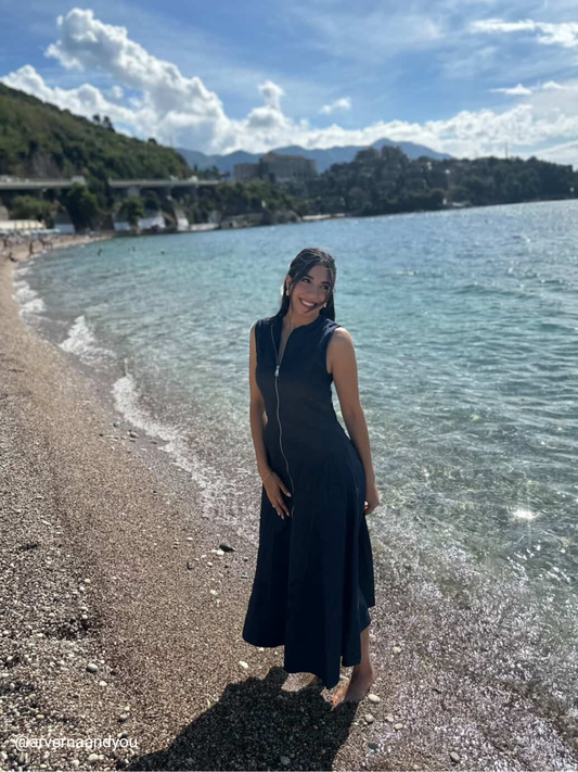 Navy Blue Full Zipper Zero Sleeve Women's Denim Midi Dress