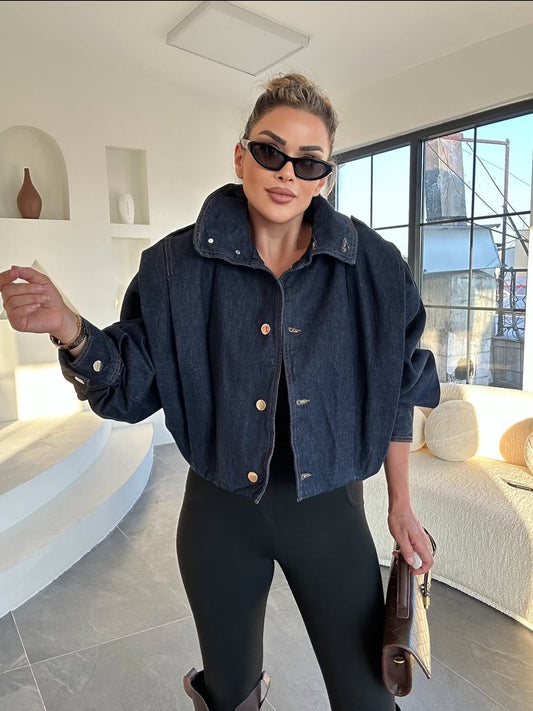 DARK NAVY BLUE STAND-UP COLLAR BOMBER JACKET