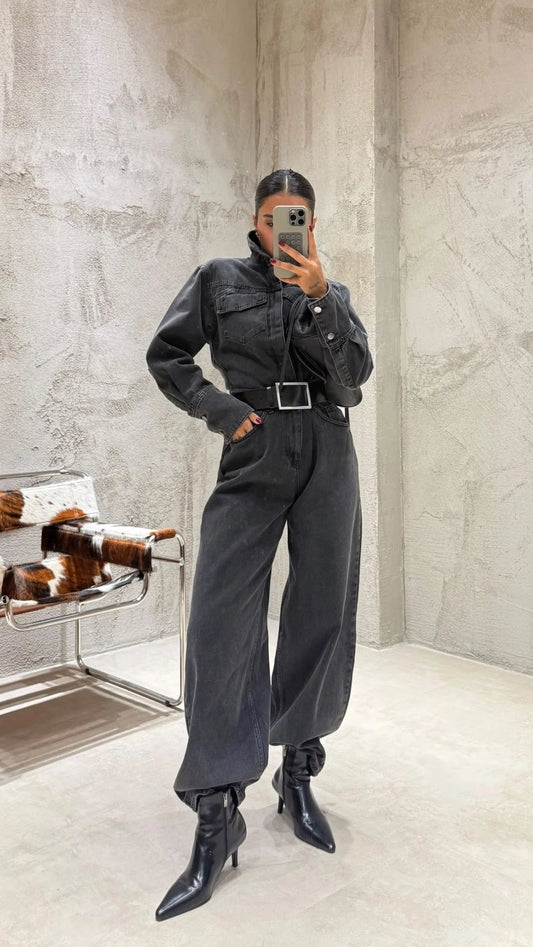 Avery Charcoal Denim Utility Jumpsuit