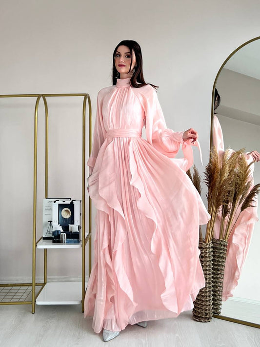 High Neck Ruffle Satin Chiffon Maxi Length Pink Dress