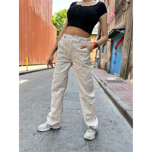 Cream Waist Elastic Cargo Pants