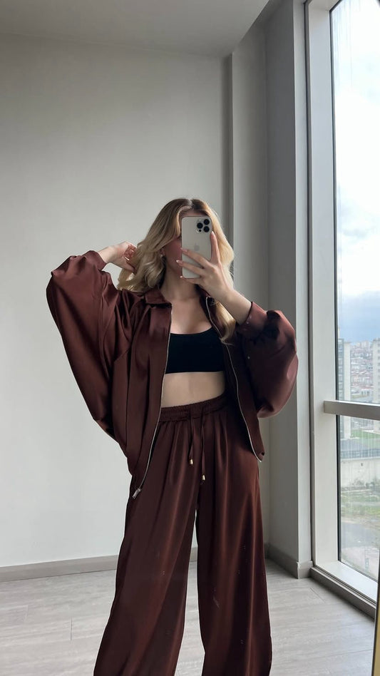 BROWN SATIN BOMBER TRACKSUITS