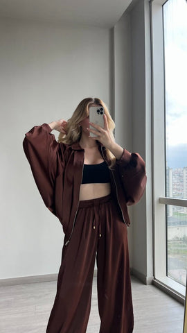 BROWN SATIN BOMBER TRACKSUITS