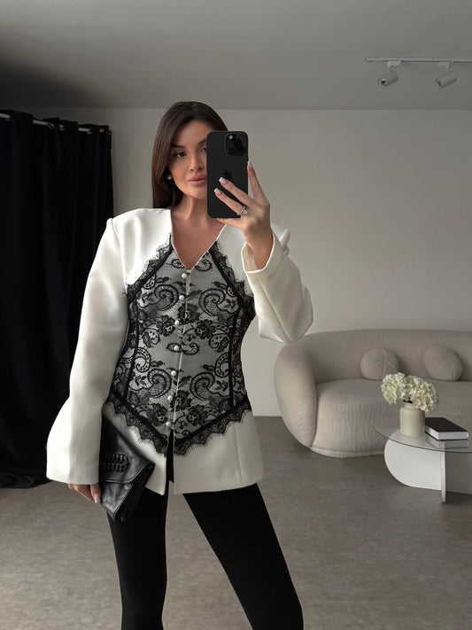 Lace Detail and V-Neck Design Blazer